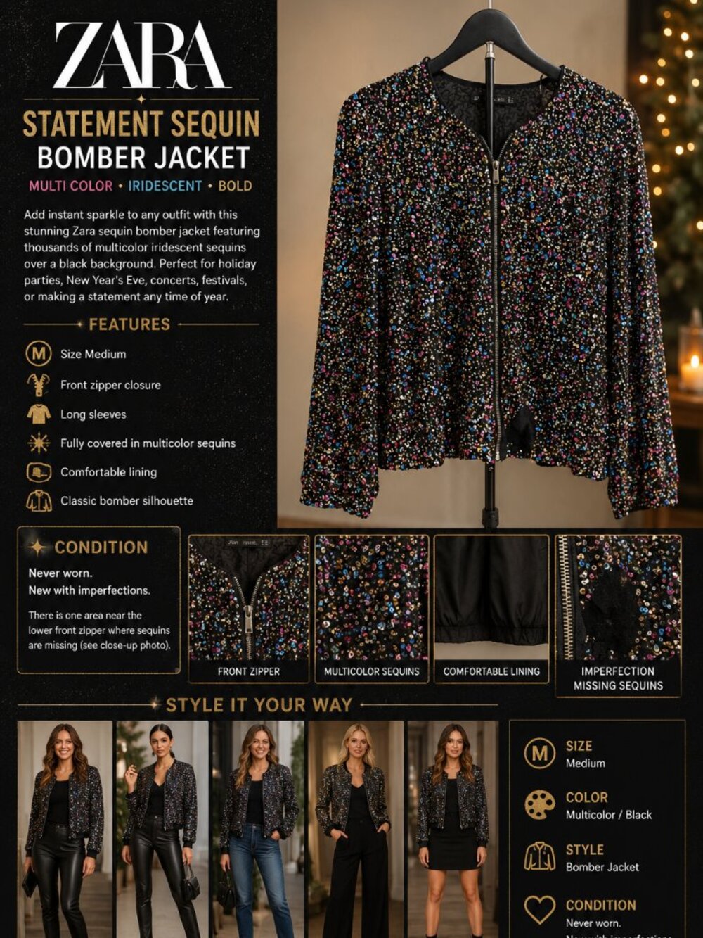 Zara Statement Multi Color Sequin Zip-Front Jacket Medium
